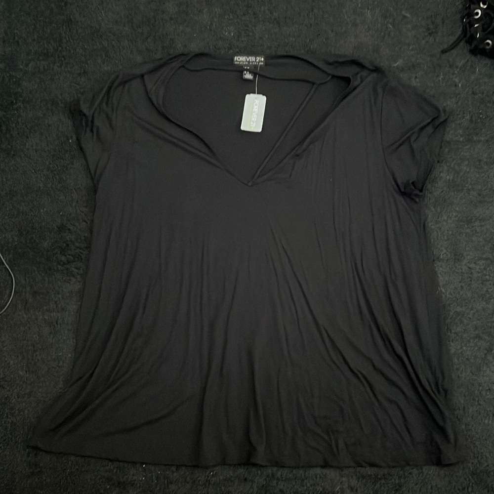 Black v neck t shirt with abstract crisscross